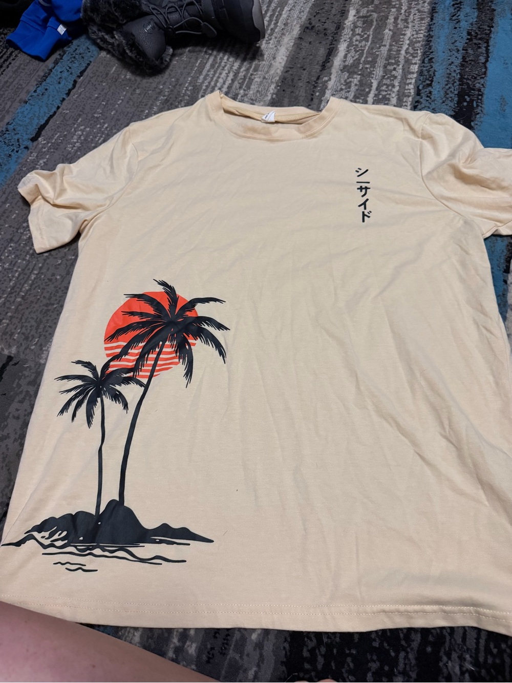 Source Unknown Cream Short Sleeve Tee with Black Palm & Red Sun Graphic